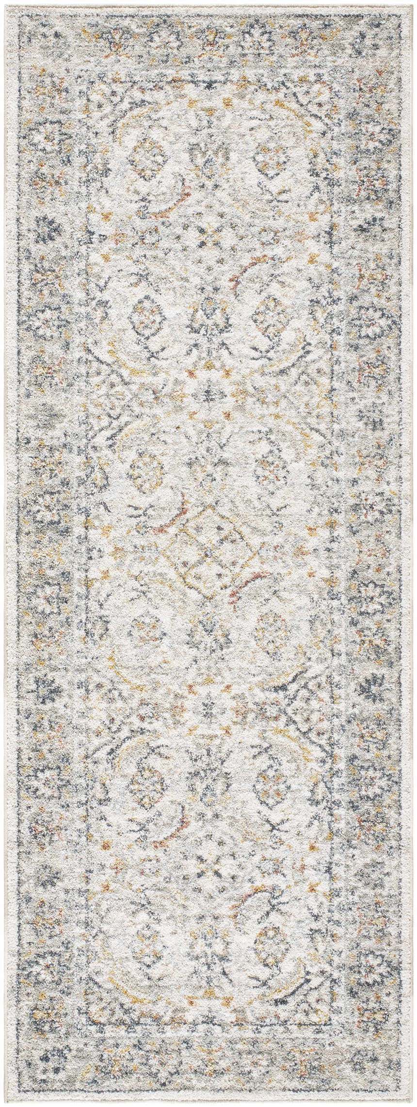 Close-up of the Jeven Cream Area Rug, a traditional design with admiral blue, amber, and mustard accents on an off-white base. Design-Runner-2773
