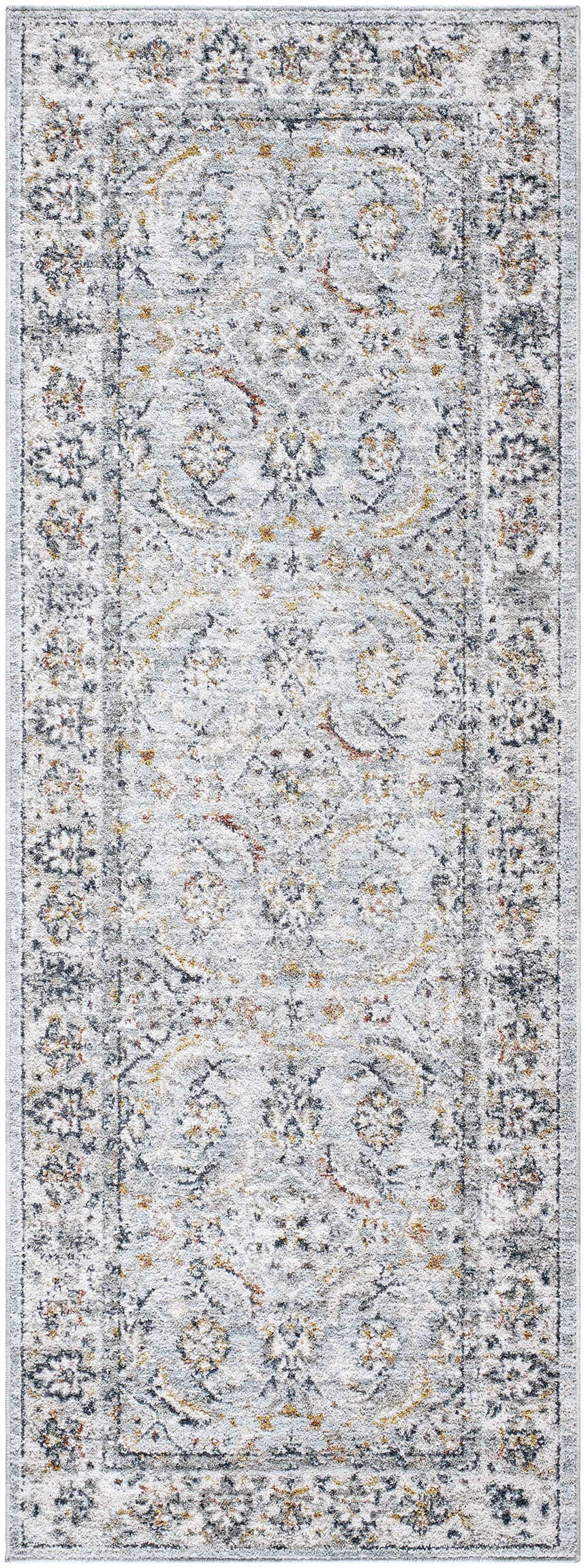 Close-up of the Jeven Blue Area Rug. Farmhouse style rug with beige, gold, and blue floral pattern. Design-Runner-2773