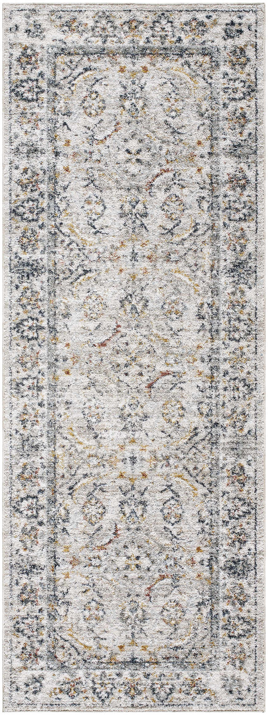 Close-up of the Jeven Gray Area Rug, a machine-woven runner with a traditional light gray and natural gray pattern. Design-Runner-2773