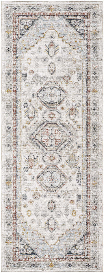 Close-up of the Kouta Cream Area Rug. Features light gray, natural gray, and traditional farmhouse style pattern. Design-Runner-2773