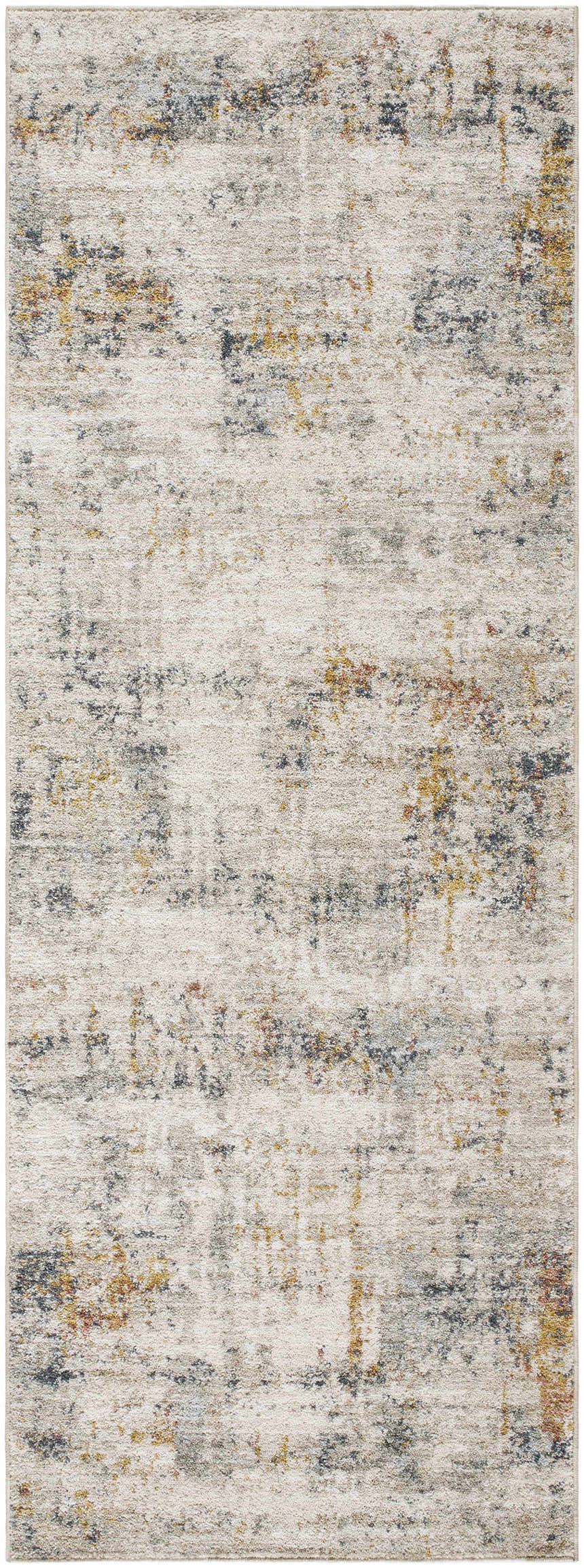 Close-up of the Leela Area Rug. Light gray rug with natural gray, gold, and black abstract pattern. Machine woven texture. Design-Runner-2773