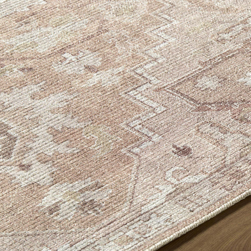 Close up of the Esau Area Rug, a machine woven rug in beige, blush, and ivory with a traditional pattern. Texture