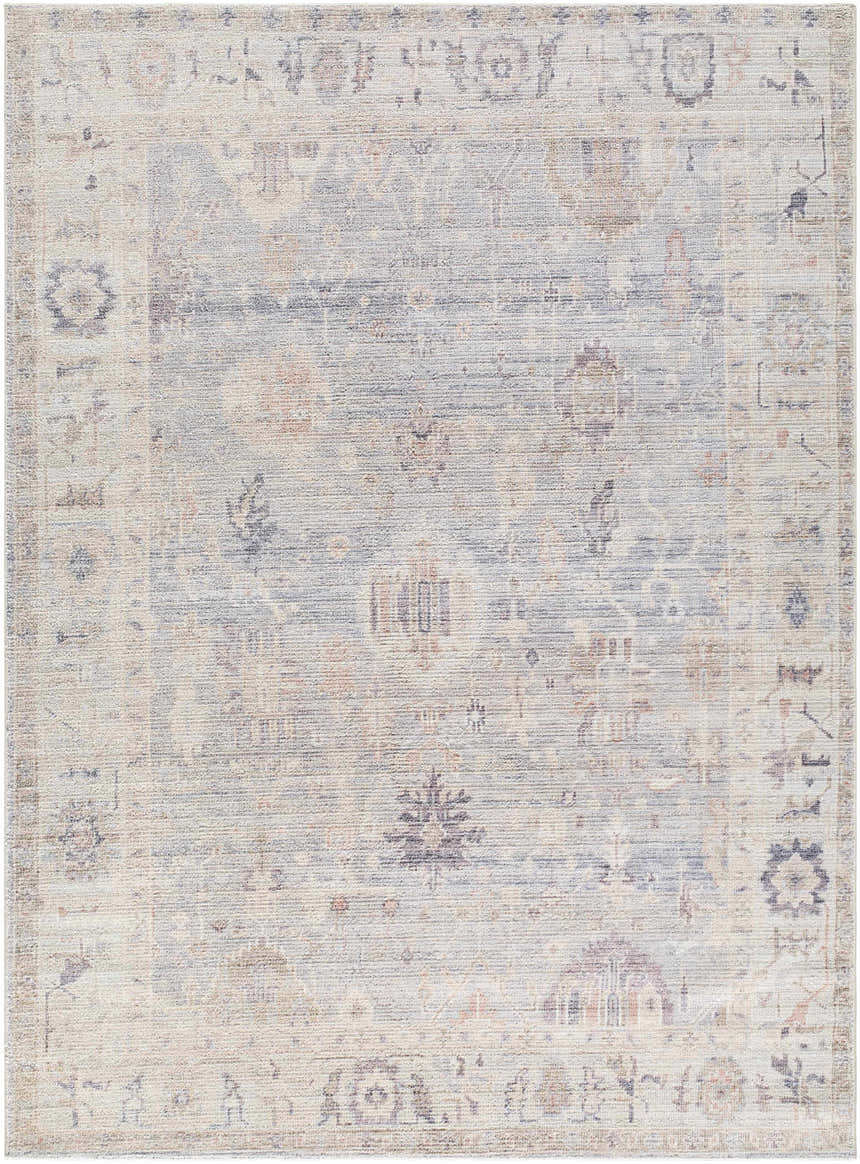 Detailed view of the Marlene Damask Cream & Blue Area Rug, a traditional farmhouse rug with a subtle damask pattern. Design-Rectangle-537