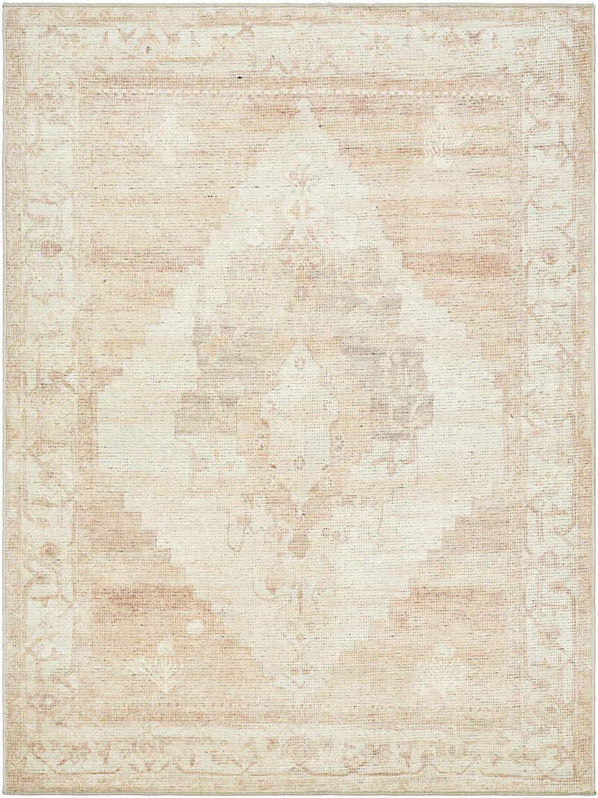 Close-up of the Luca Machine Woven Becki Owens x LIVABLISS BONC-2301 Area Rug. Traditional design in dusty pink, ivory, and tan. Design-Rectangle-537