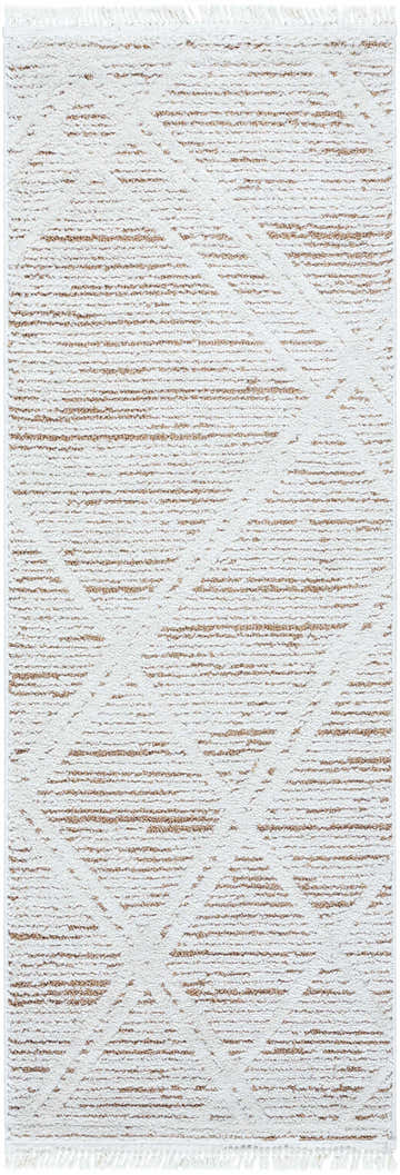 Close-up of the Ausca Area Rug. Ivory rug with a medium brown geometric pattern and fringe. Farmhouse style. Design-Runner-2773