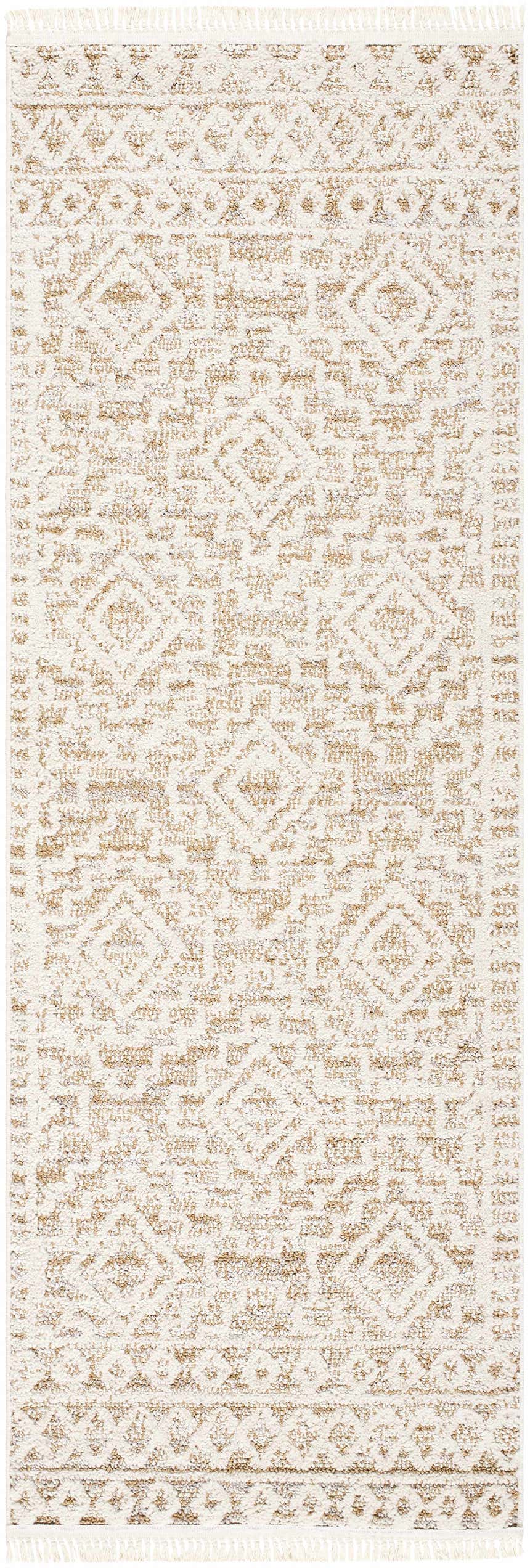 Close-up of the Chrishauna Area Rug, ivory and medium brown farmhouse style with geometric pattern and fringe. Design-Runner-2773