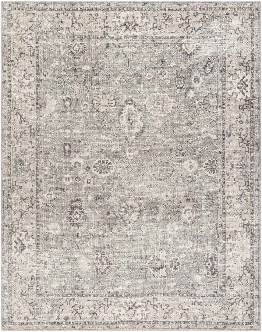 Close-up of the Davina Machine Woven Becki Owens x LIVABLISS BOCC-2301 Area Rug. Traditional floral pattern in charcoal, gray, taupe, and white. Design-Rectangle-71010