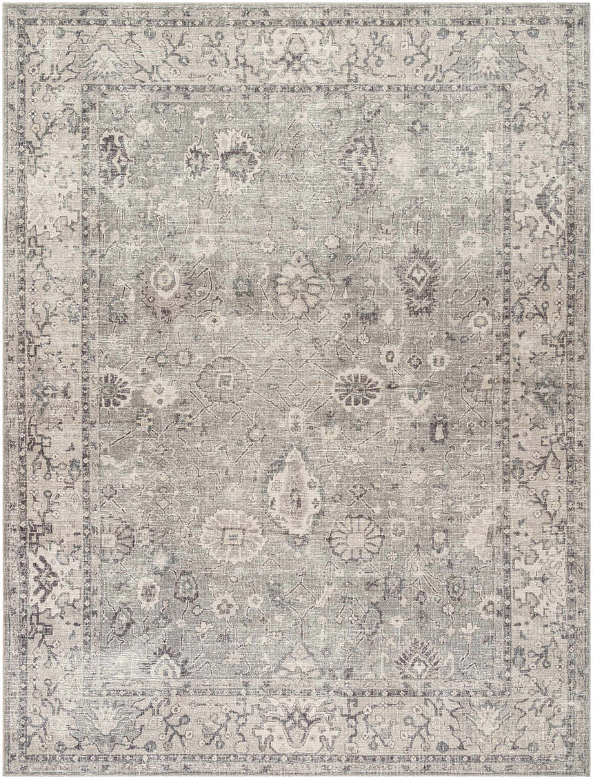 Davina Becki Owens x LIVABLISS BOCC-2301 area rug. Traditional farmhouse style with charcoal, gray, taupe, and white floral pattern. Design-Rectangle-9212