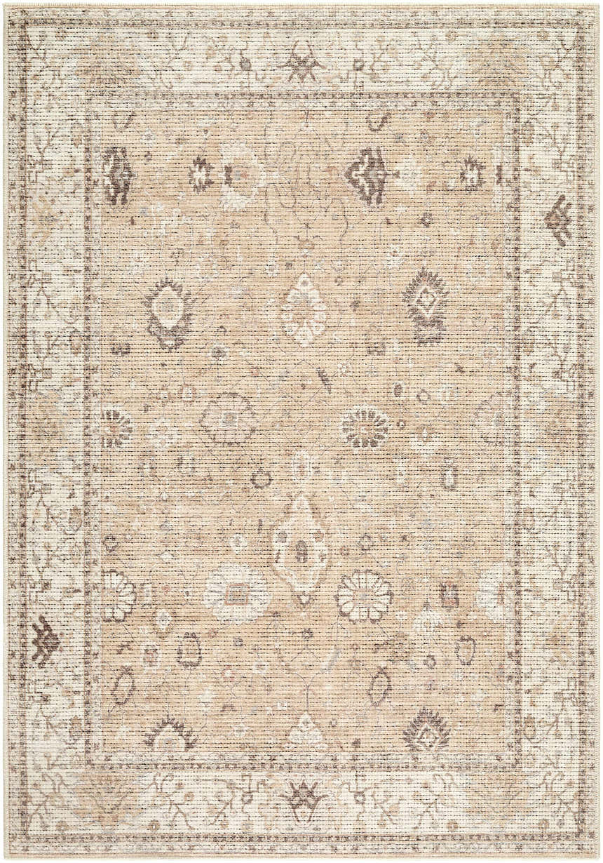 Close-up of the Becki Owens x LIVABLISS Davina rug. Farmhouse style with cream, brown, and red floral and geometric pattern. Design-Rectangle-31157