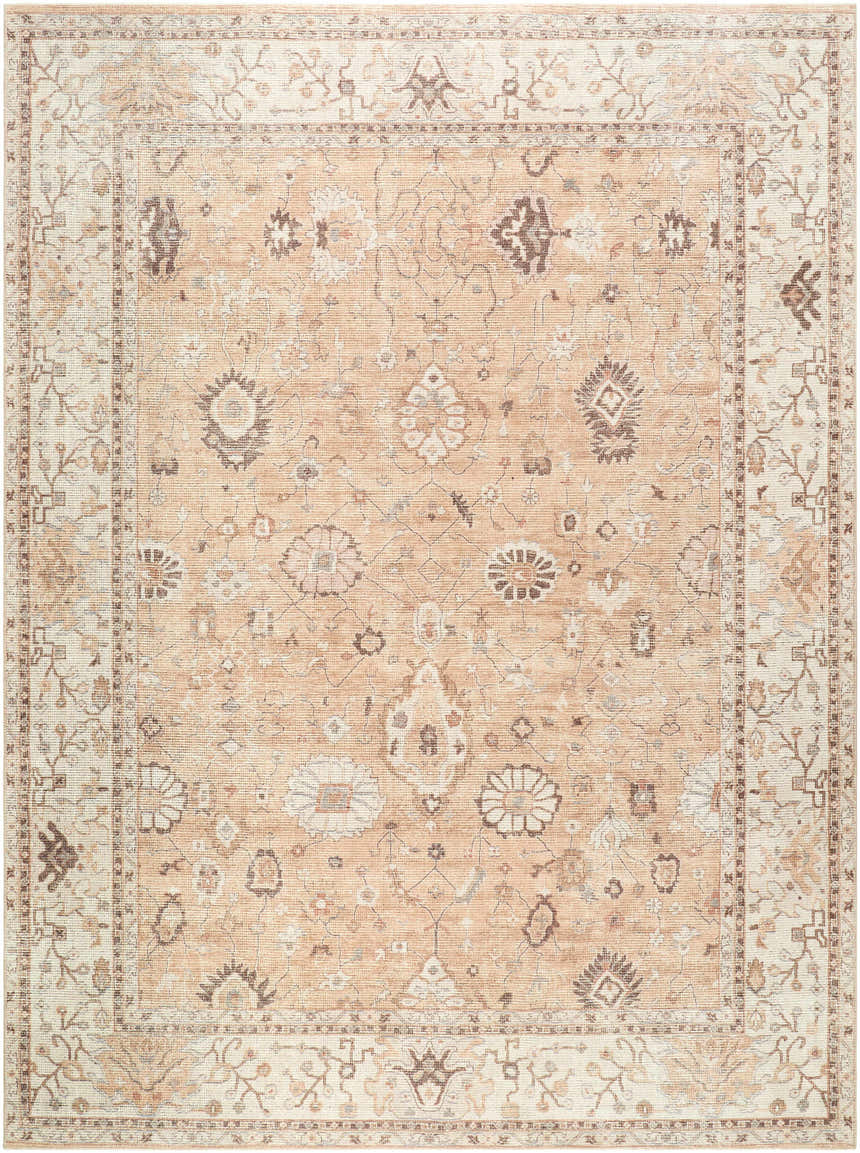 Close-up of the Davina Becki Owens x LIVABLISS rug. Traditional floral pattern in cream, dark brown, dark red, medium gray, and tan. Design-Rectangle-9212