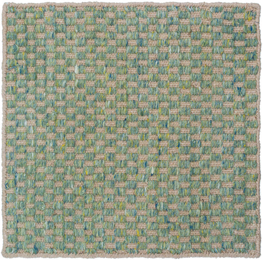 Close-up of the Verdel Sage rug. Handwoven wool and jute rug with a sage, tan, and teal checkered pattern. Swatch