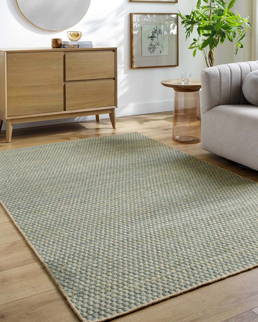 Living room with Verdel Sage Cottage Farmhouse wool rug, light wood floors, console table, and gray sofa. Roomscene-Rectangle