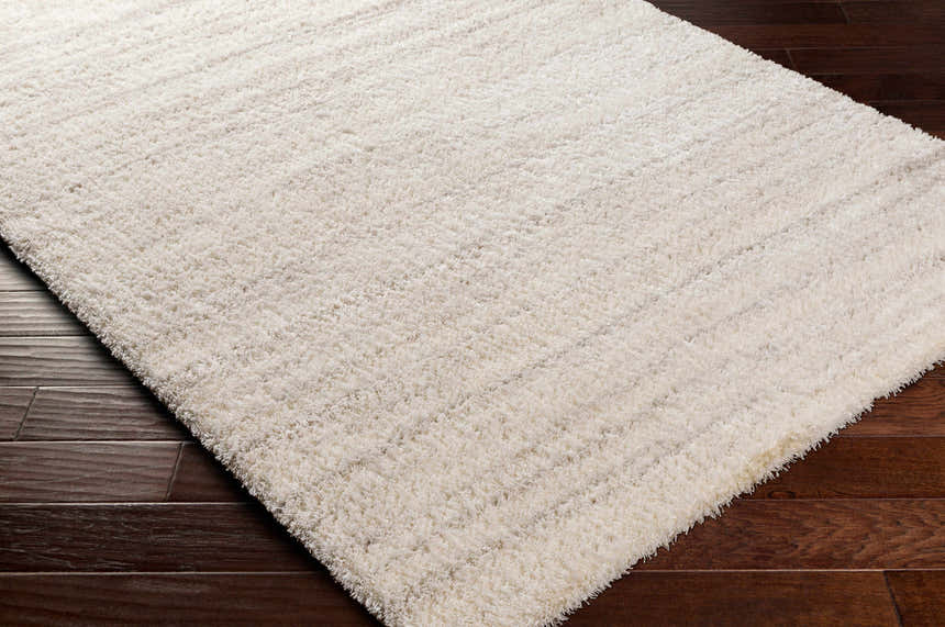 Close up of Livabliss Cloudy Shag CDG-2307 area rug in off-white, showing the plush texture and shag design. Corner