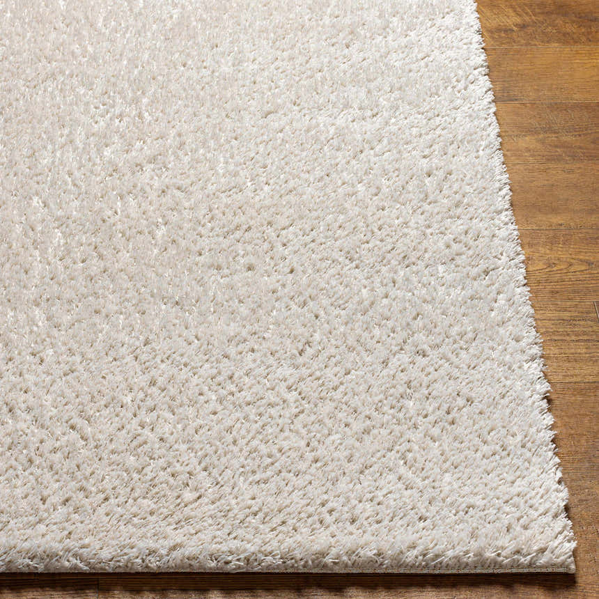 Close-up of the plush, off-white Livabliss Cloudy Shag CDG-2307 rug showing texture and shag pile on wood floor. Front