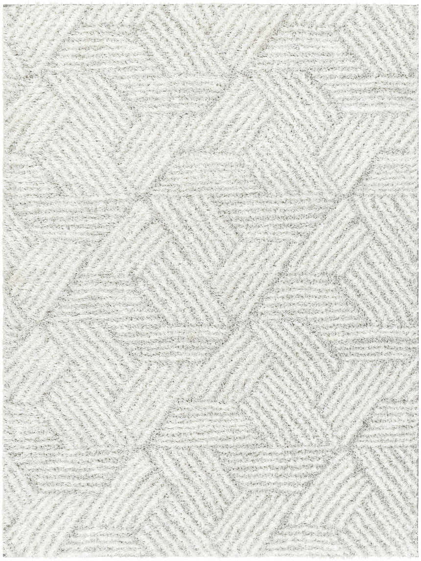 Close-up of the Mura Gray Area Rug featuring a geometric shag design in off-white and natural gray. Design-Rectangle-537