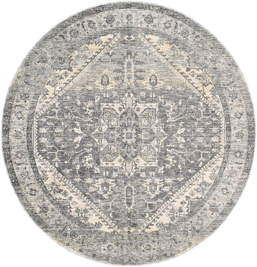 Close-up of round Ailsa Area Rug. Dark gray, gray, and lambswool traditional rug with a central medallion pattern. Design-Round-67