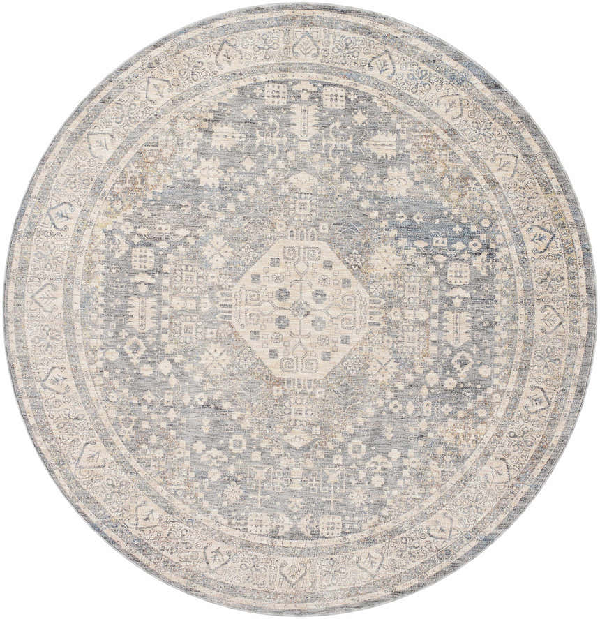 Close-up of round Artan Area Rug in gray and natural tones with a traditional, distressed design. Design-Round-67