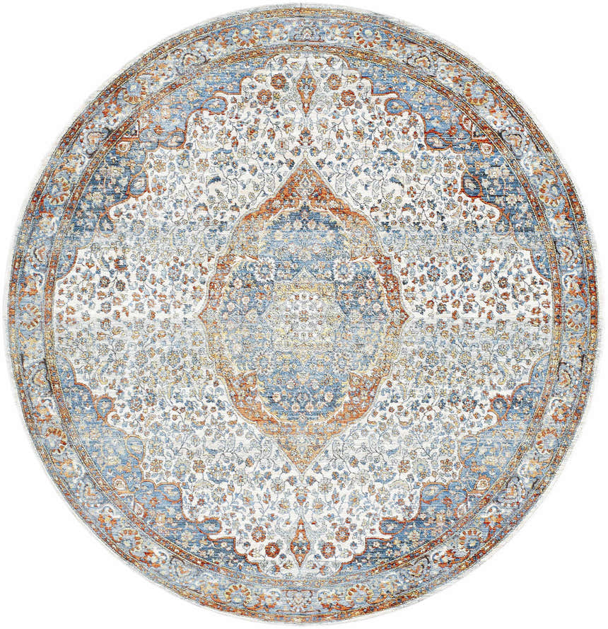 Round Bojan Area Rug in beachhouse, brown, copper, and denim. Farmhouse style, machine woven polyester rug. Design-Round-67