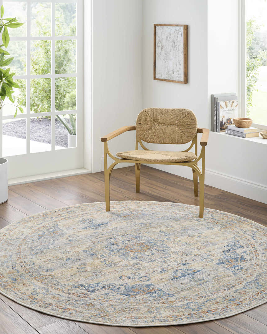 Bright room scene with a round Bora Area Rug in camel, copper, and blue under a woven chair. Roomscene-Round