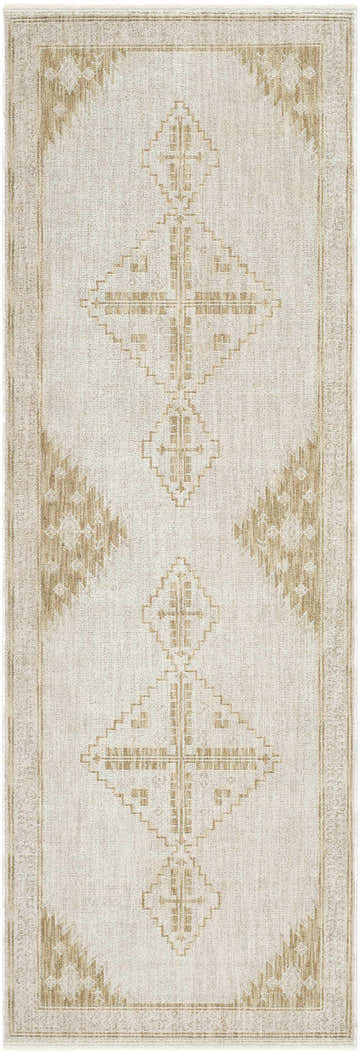 Close-up of the Syona Luxe Rug. Ash and tan polyester rug with farmhouse-style geometric diamond pattern and border. Design-Runner-27710
