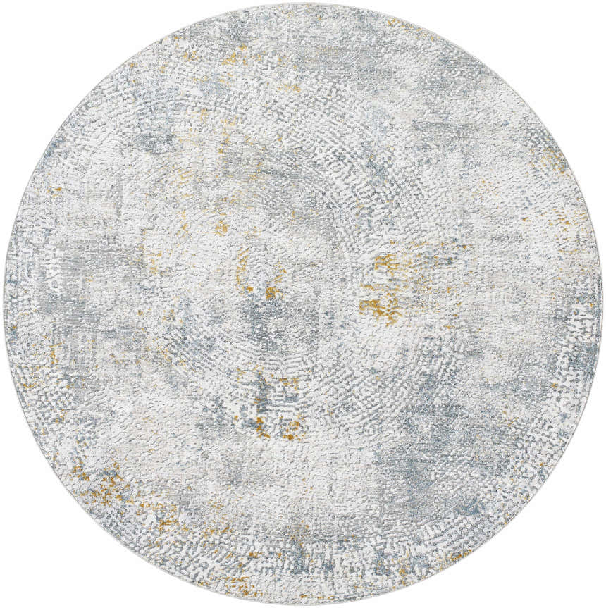 Close-up of the round Fleur Textured Rug. Features a gray, white, and gold abstract pattern. Design-Round-67