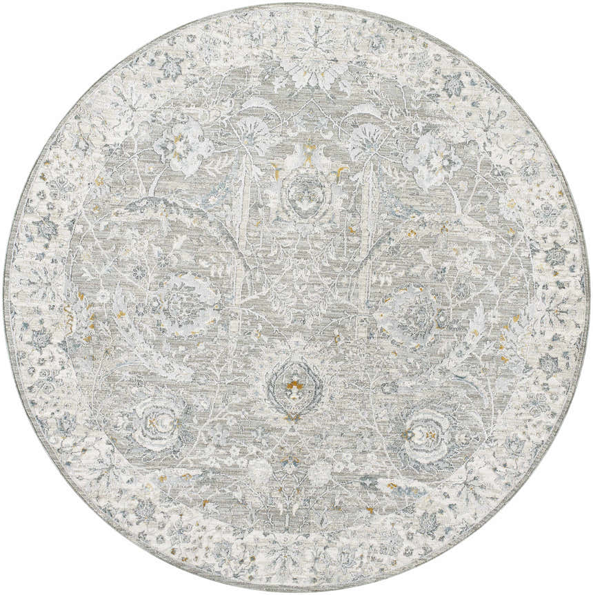 Round Gauge Gray Blue Textured Rug with a traditional floral pattern and subtle brown and gold accents. Design-Round-67