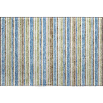 Close-up of Dalyn Luxury Soft Essentials SE2 Blue Washable Area Rug with blue, green, and brown stripes.