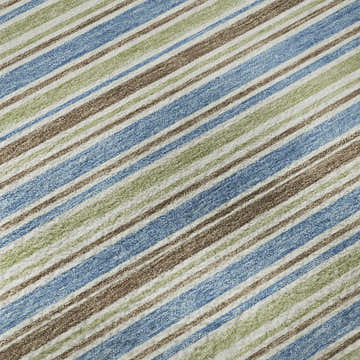 Close-up of Dalyn Luxury Soft Essentials SE2 Blue Washable Area Rug with blue, green, and brown diagonal stripes.