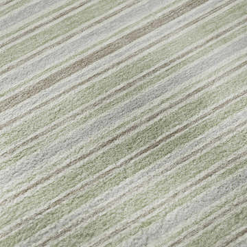Close-up of Dalyn Luxury Soft Essentials SE2 Celery Washable Area Rug with green, gray, and brown stripes.