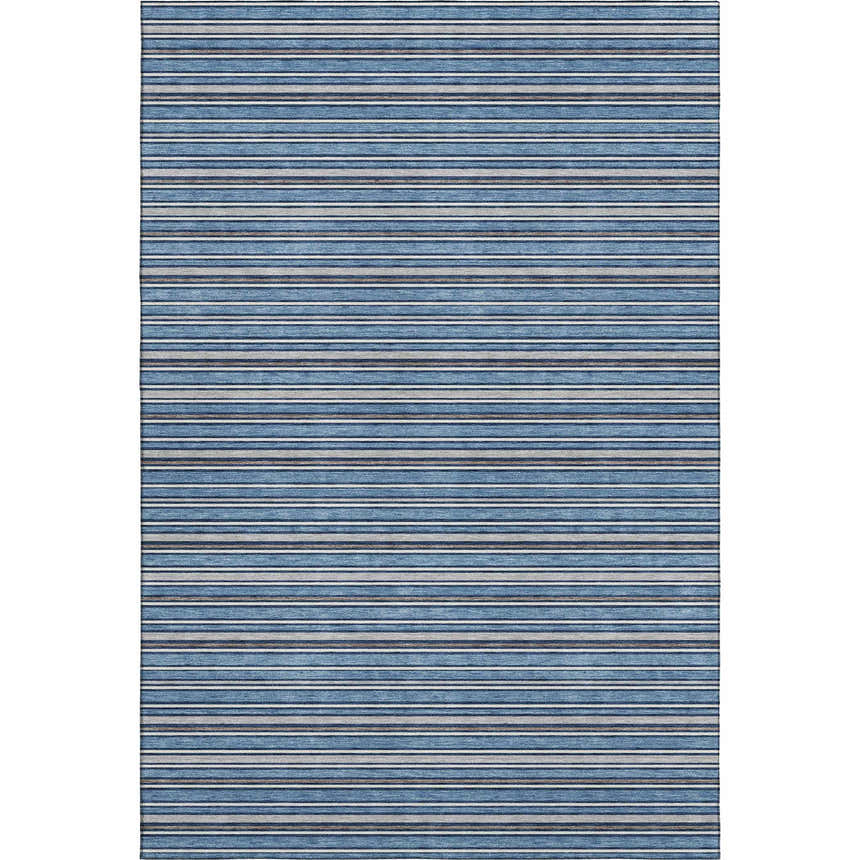 Close-up of the Dalyn Luxury Soft Essentials SE2 Denim Washable Area Rug, featuring blue, gray, and white stripes.