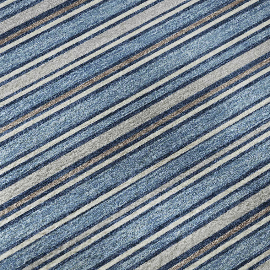 Close-up of the Dalyn Luxury Soft Essentials SE2 Denim Washable Area Rug, featuring blue, gray, and tan stripes.