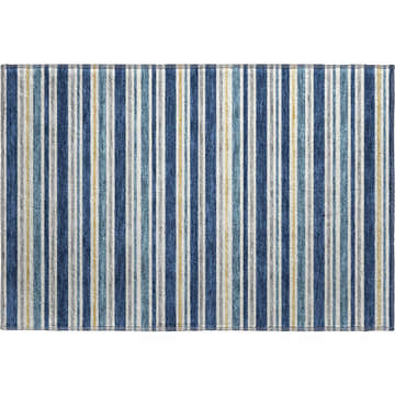 Close-up of Dalyn Luxury Indoor/Outdoor Soft Essentials SE2 Navy Washable Area Rug with blue, gray, and yellow stripes.