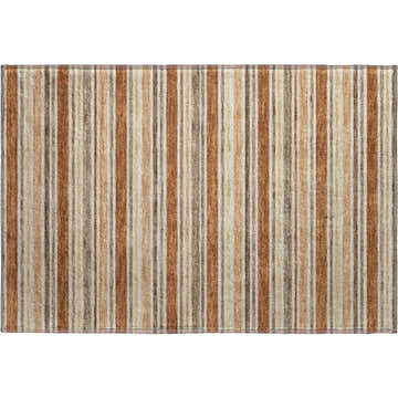 Close-up of Dalyn Luxury Soft Essentials SE2 Paprika rug. Features vertical stripes in paprika, beige, and brown tones.