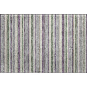 Dalyn Luxury Soft Essentials SE2 Pewter Washable Area Rug with gray, green, and purple vertical stripes.
