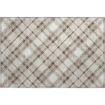 Close-up of the Dalyn Luxury Soft Essentials SE3 Beige Washable Area Rug featuring a farmhouse-style plaid pattern.