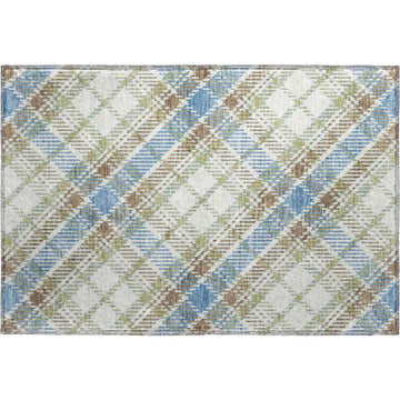 Close-up of Dalyn Luxury Soft Essentials SE3 Blue Washable Area Rug. Plaid pattern with blue, brown, green and white tones.