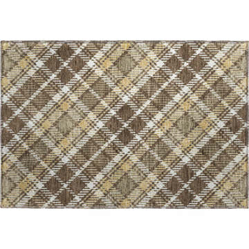 Close-up of the Dalyn Luxury Soft Essentials SE3 Chocolate rug, featuring a brown, tan, and white plaid pattern.