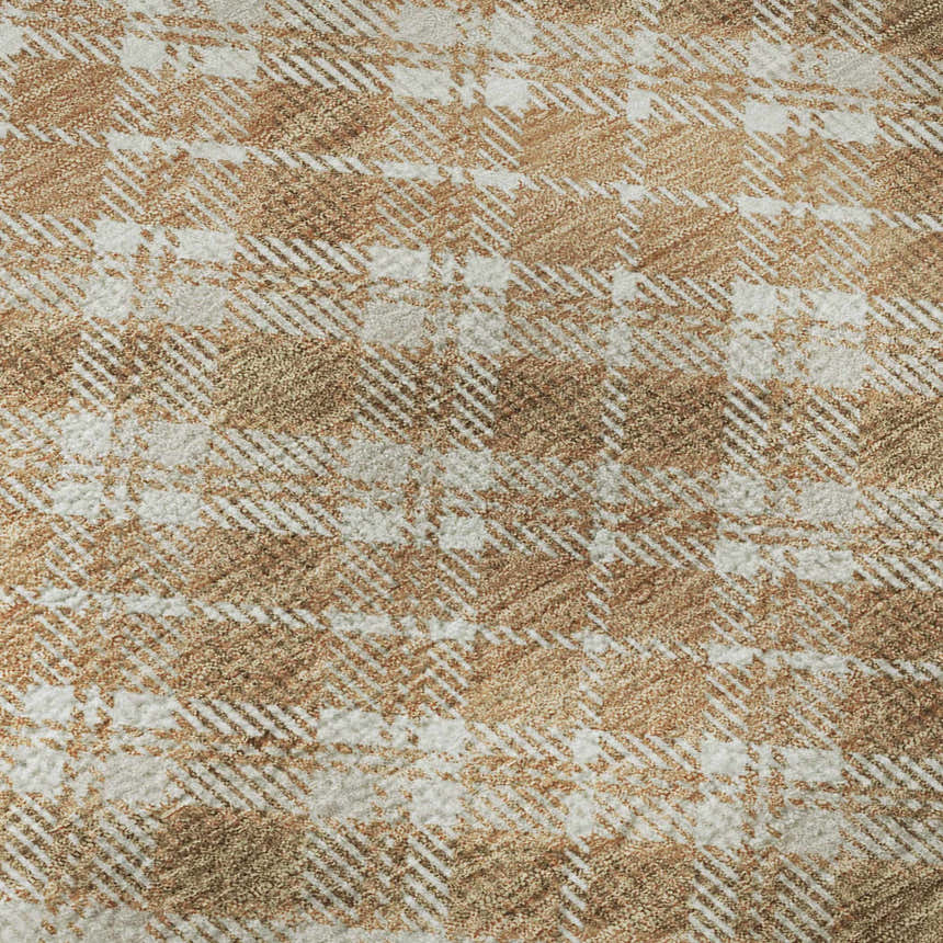 Close-up of Dalyn Luxury Soft Essentials SE3 Copper Washable Area Rug. Caramel and white plaid pattern.