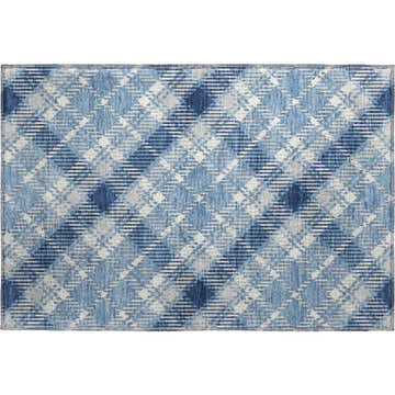 Close-up of the Dalyn Luxury Soft Essentials SE3 Denim Washable Area Rug, featuring a blue and gray plaid pattern.