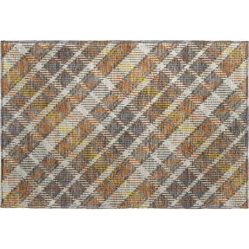 Close-up of Dalyn Luxury Soft Essentials rug. Sandstone, brown, and gold plaid pattern. Farmhouse style.
