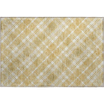 Close-up of Dalyn Luxury Soft Essentials SE3 Gold Washable Area Rug with a farmhouse-style gold and white plaid pattern.