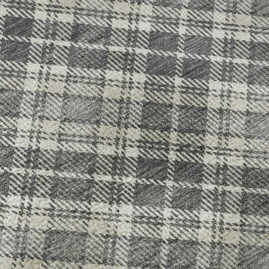Close-up of the Dalyn Luxury Soft Essentials Gray Washable Area Rug, featuring a gray and taupe plaid pattern.