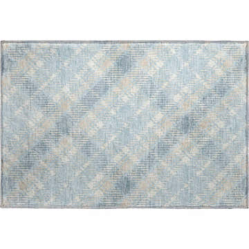 Dalyn Luxury Soft Essentials SE3 Sky Washable Area Rug with a blue, beige, and white plaid pattern.