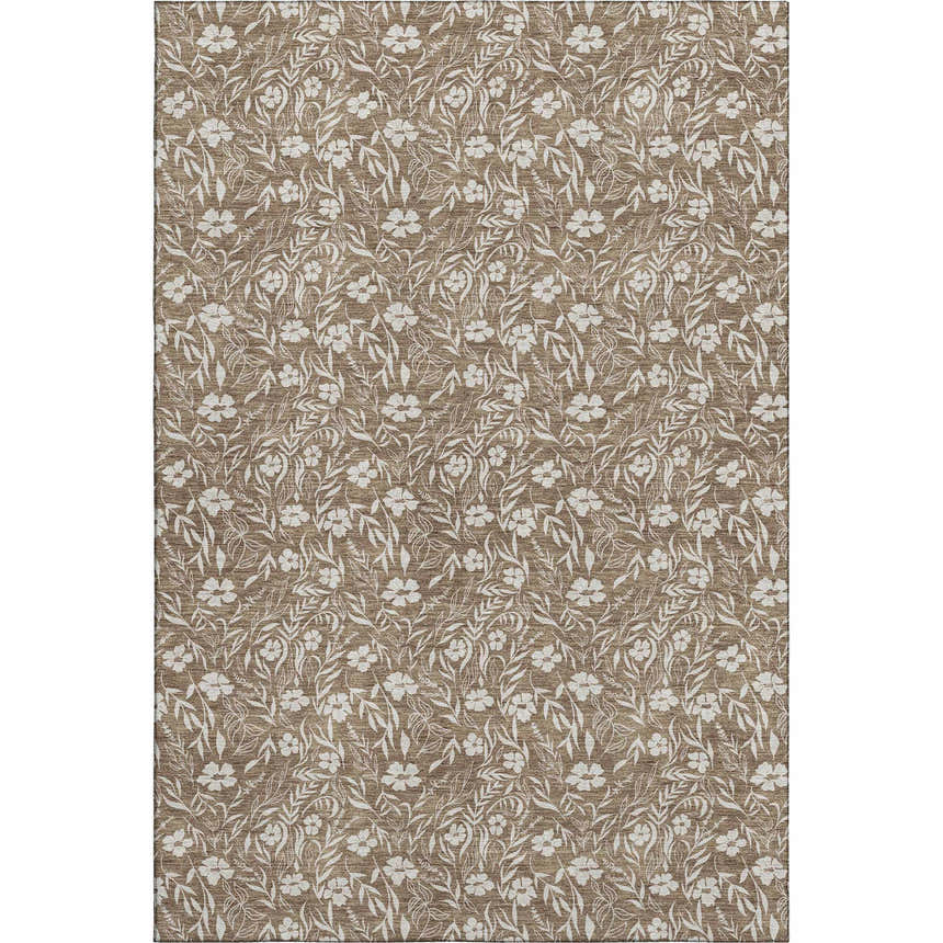 Close-up of Dalyn Luxury Soft Essentials SE4 Mocha rug. Light brown with delicate white floral pattern. Farmhouse style.