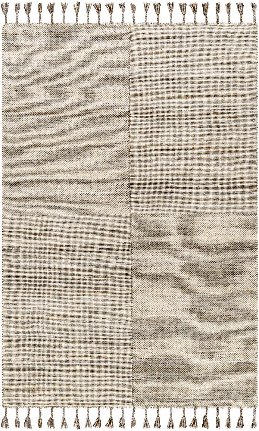 Close-up of the hand woven Anaya Beige Area Rug with a subtle pattern and decorative tassels. Farmhouse style. Design-Rectangle-576