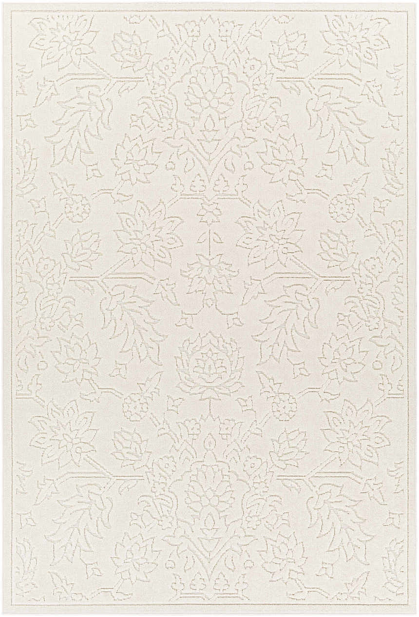 Close-up of the Senekal 3D Outdoor Area Rug in off-white with a raised geometric floral pattern. Design-Rectangle-5373