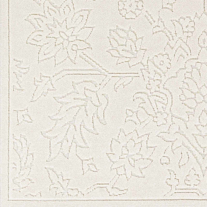 Close-up of the Senekal 3D Outdoor Area Rug showing its off-white color and geometric floral pattern. Swatch