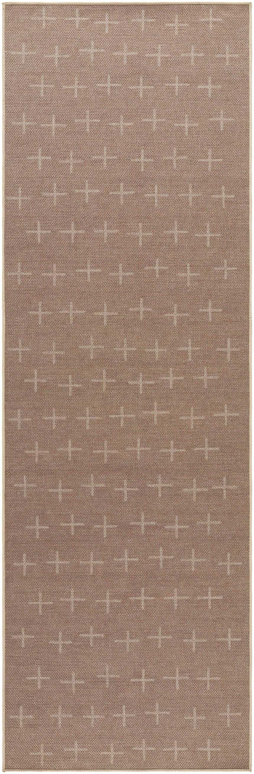 Close-up of the Haimi Washable Area Rug. Dark beige rug with a subtle off-white plus sign pattern and woven texture. Design-Runner-268
