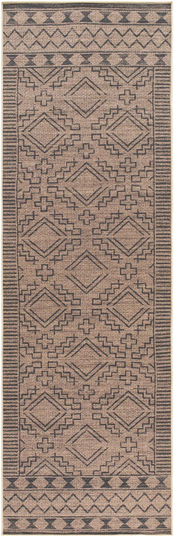 Close-up of the Halle Tan & Black Washable Area Rug, featuring diamond and geometric patterns in tan and charcoal. Design-Runner-268