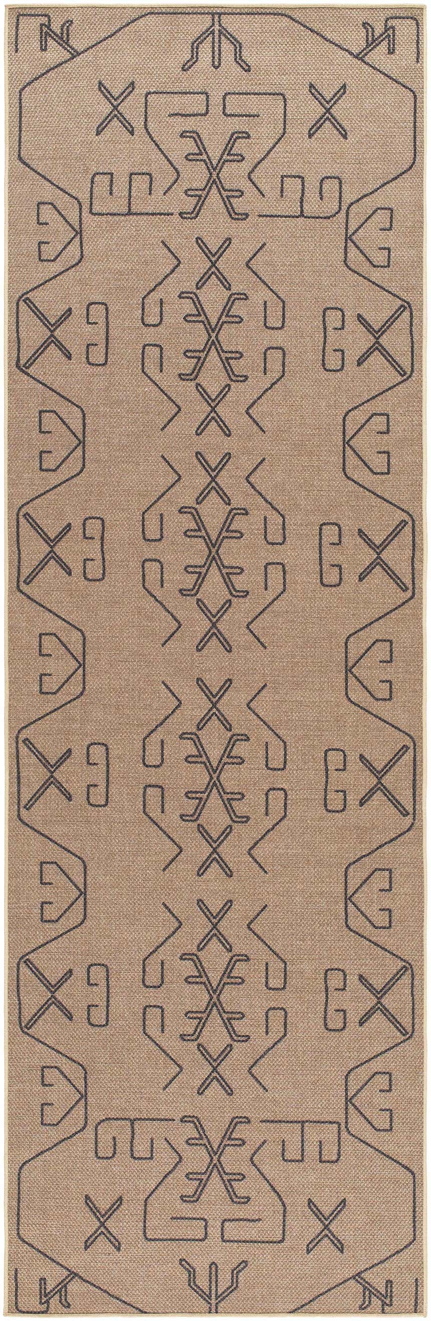 Close-up of the Hamid Washable Jutely Rug. Camel jute rug with a dark brown geometric pattern. Farmhouse style. Design-Runner-268